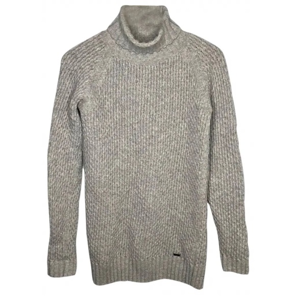 BARBOUR Sz 12 gorgeous 100% wool gray open weave long turtleneck cozy sweater - Picture 4 of 5